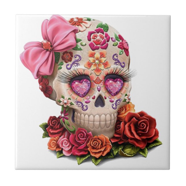 Colourful Sugar Skull on white Ceramic Tile (Front)