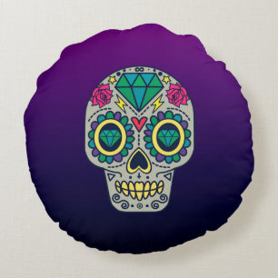 Colourful Sugar Skull Purple Ombre Round Pillow
