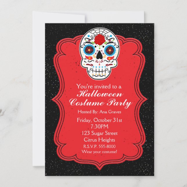 Colourful Sugar Skull & Red Party Invitation (Front)