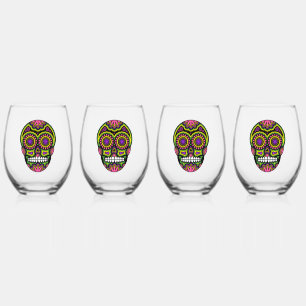 Colourful Sugar Skull Stemless Wine Glass