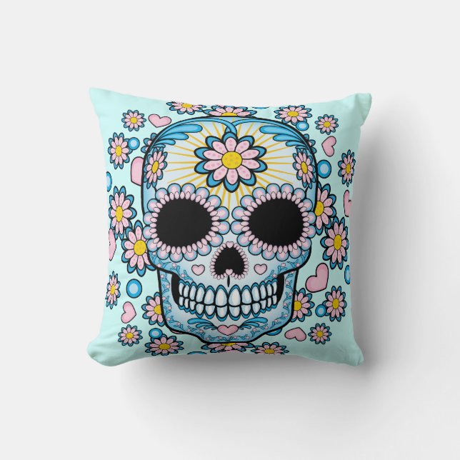 Colourful Sugar Skull Throw Pillow (Front)