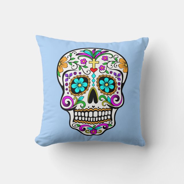 Colourful Sugar Skull with Cross and Flowers Throw Pillow (Front)
