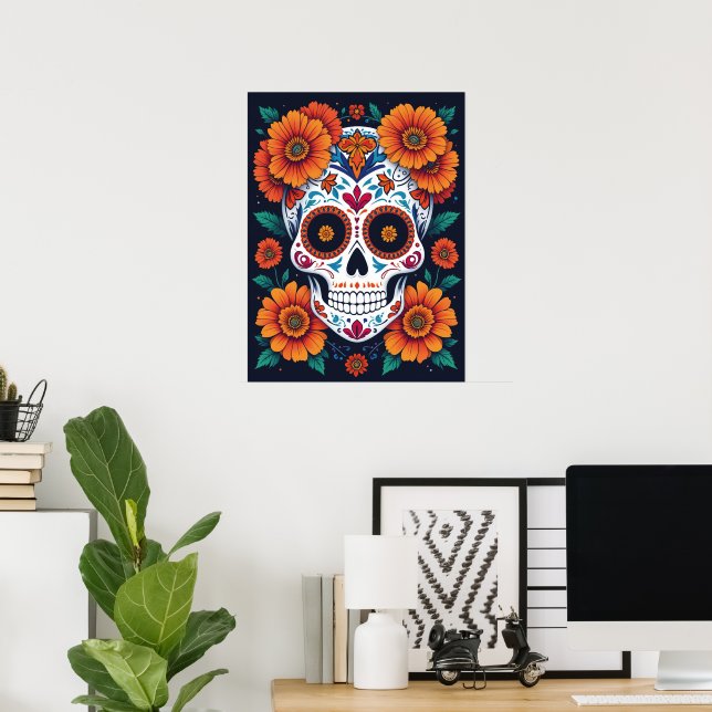 Colourful Sugar Skull with Marigolds  Poster (Home Office)