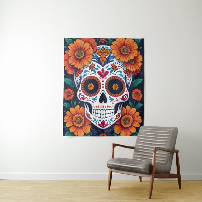 Colourful Sugar Skull with Marigolds  Tapestry (In Situ)