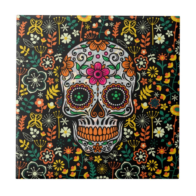 Colourful sugar Skull With Retro Flowers Backgroun Tile (Front)