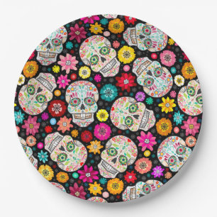 Colourful Sugar Skulls and Flowers Fiesta on Black Paper Plate