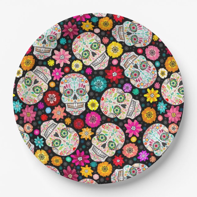 Colourful Sugar Skulls and Flowers Fiesta on Black Paper Plate (Front)