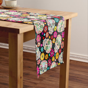 Colourful Sugar Skulls Flowers Fiesta Black Runner