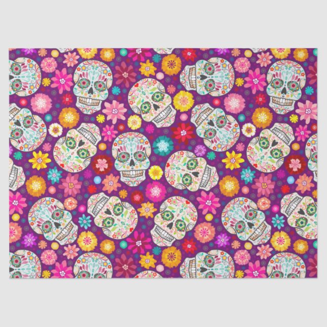 Colourful Sugar Skulls Flowers Fiesta Purple Tissue Paper (Front)