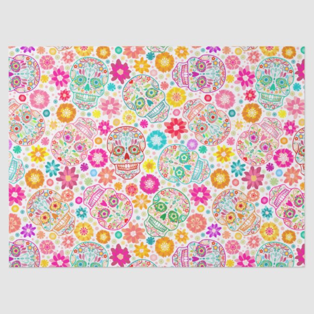 Colourful Sugar Skulls Flowers Fiesta Tissue Paper (Front)
