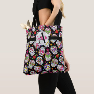 Colourful Sugar Skulls Monogrammed & Personalized Tote Bag