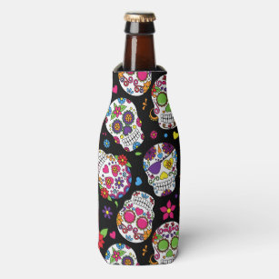 Colourful Sugar Skulls On Black Bottle Cooler
