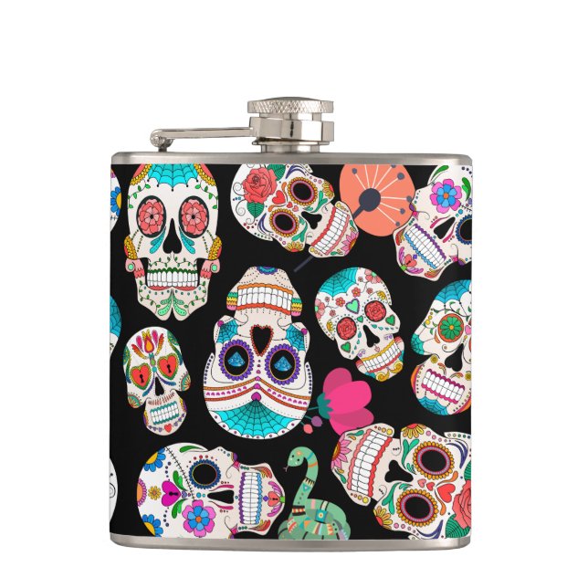 Colourful Sugar Skulls Pattern Hip Flask (Front)