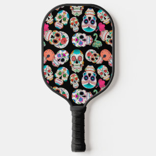 Colourful Sugar Skulls Pattern Monogram Pickleball Paddle
