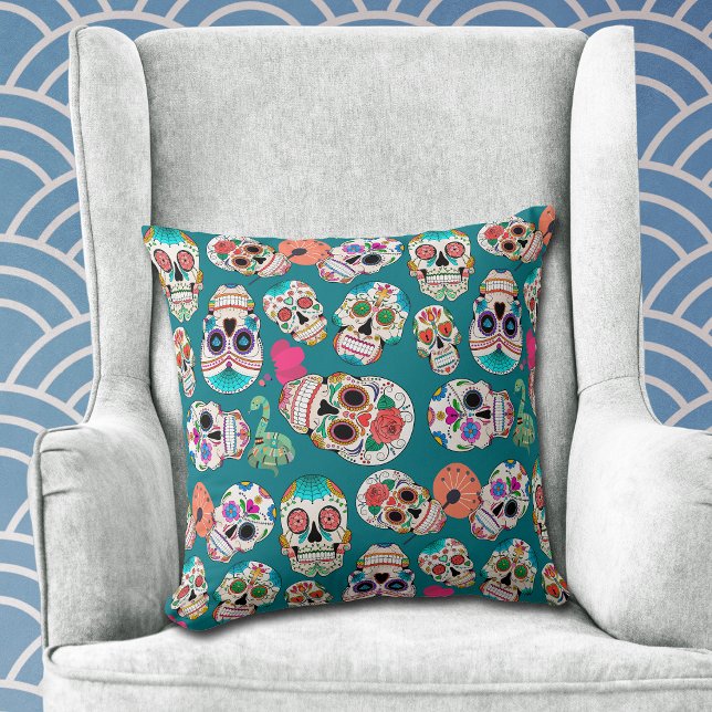 Colourful Sugar Skulls Pattern Throw Pillow (Creator Uploaded)