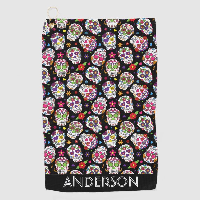 Colourful Sugar Skulls Personalized Golf Towel (Front)