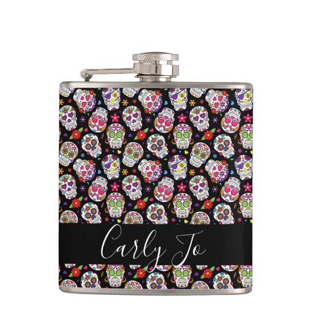 Colourful Sugar Skulls Personalized Hip Flask (Front)