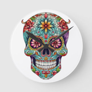 Colourful Sugar Skulls  Round Clock