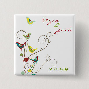 Colourful Summer Bird and Swirls Wedding Button