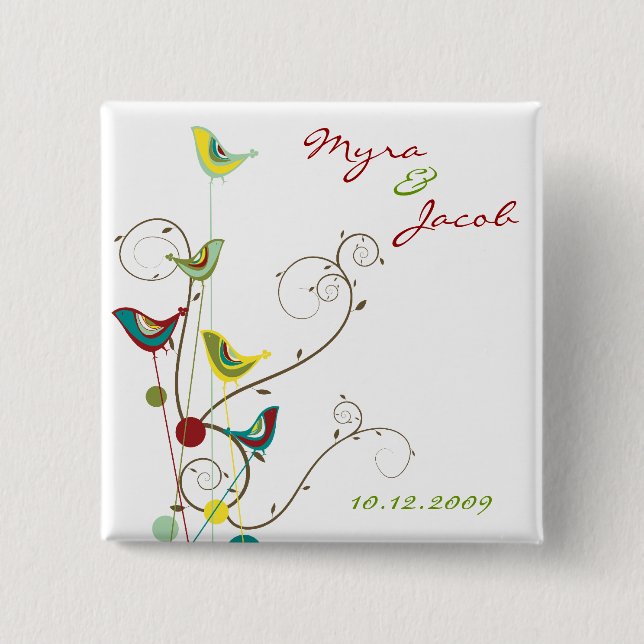 Colourful Summer Bird and Swirls Wedding Button (Front)