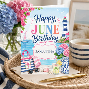 Colourful Summer Coastal Custom Name June Birthday Card