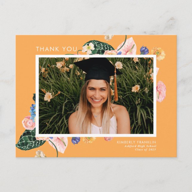 Colourful Summer Floral Graduation Photo Thank You Postcard (Front)