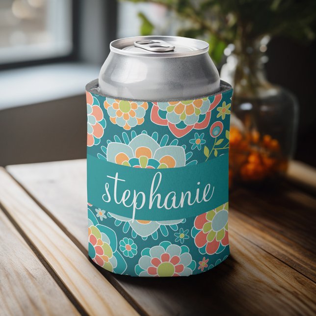 Colourful Summer Floral Pattern Custom Name Can Cooler (Personalized can cooler with a place to add a name or other custom text)
