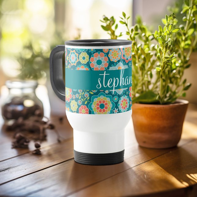 Colourful Summer Floral Pattern Custom Name Travel Mug (Personalized travel mug - add photos and text or customize completely)