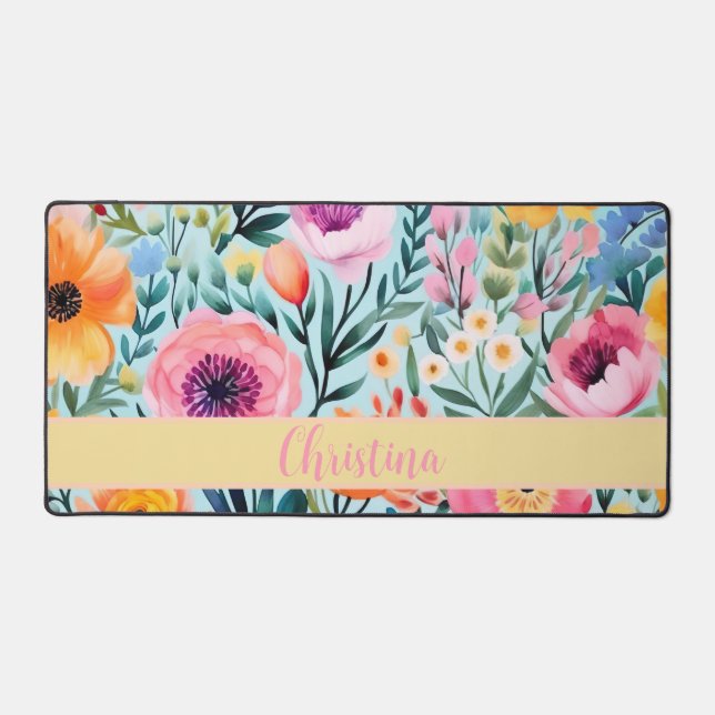 colourful summer flower design with name  desk mat (Front)