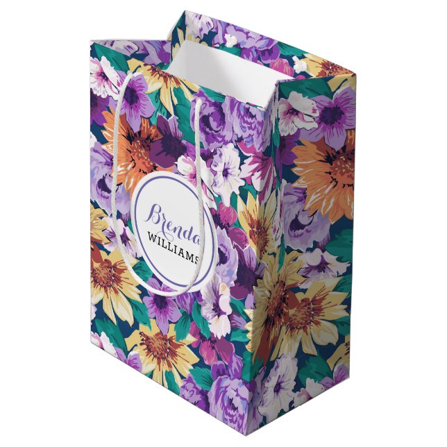 Colourful summer flowers collage pattern medium gift bag (Back Angled)