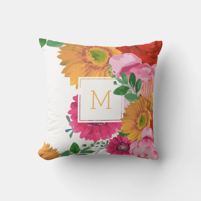 Colourful Summer Flowers Custom Monogram Throw Pillow (Front)