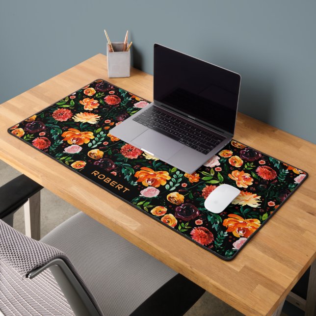 Colourful summer flowers pattern on black desk mat (Office 2)