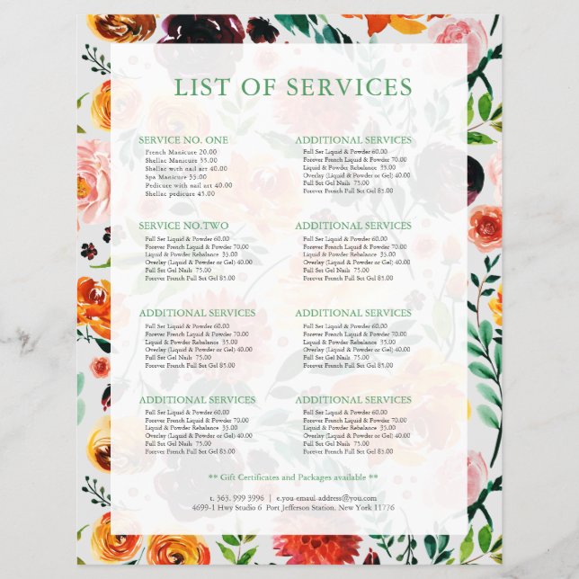 Colourful summer flowers pattern service list  flyer (Front)