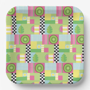 Colourful summer fruit pink green yellow mosaic  paper plate
