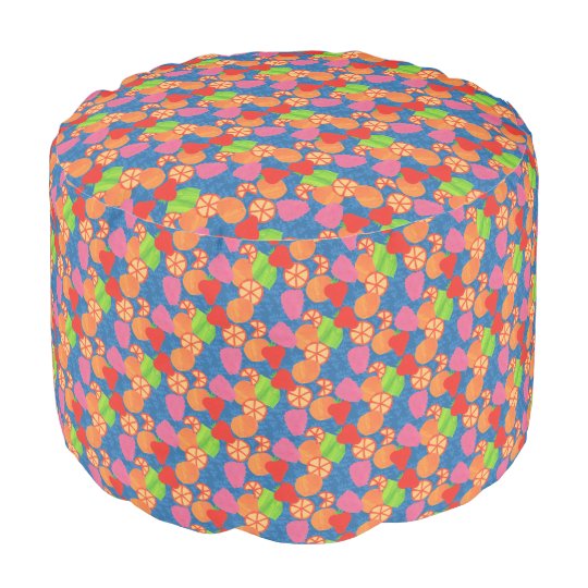Colourful Summer Fruits Pattern on Deep Blue Pouf