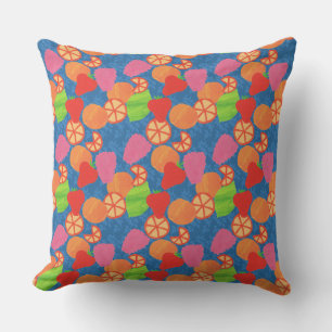 Colourful Summer Fruits Pattern on Deep Blue Throw Pillow