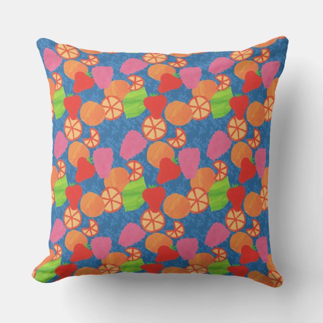 Colourful Summer Fruits Pattern on Deep Blue Throw Pillow (Front)