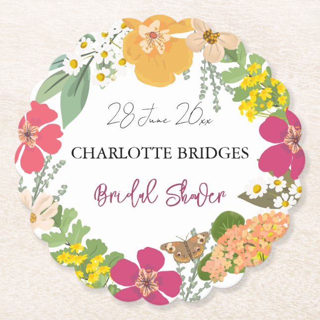 Colourful Summer Garden Bright Floral Bride Shower Paper Coaster (Front)