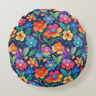 Colourful Summer Garden Floral Seamless Pattern Round Pillow