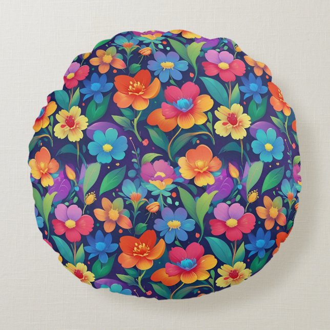 Colourful Summer Garden Floral Seamless Pattern Round Pillow (Front)