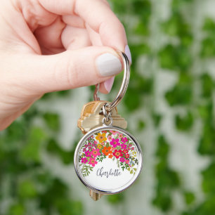 Colourful Summer Garden Flowers Custom Name Keychain