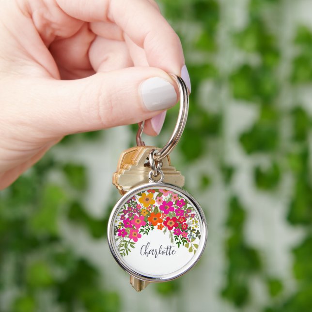 Colourful Summer Garden Flowers Custom Name  Keychain (Hand)