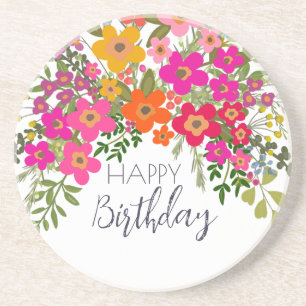 Colourful Summer Garden Flowers Happy Birthday  Coaster