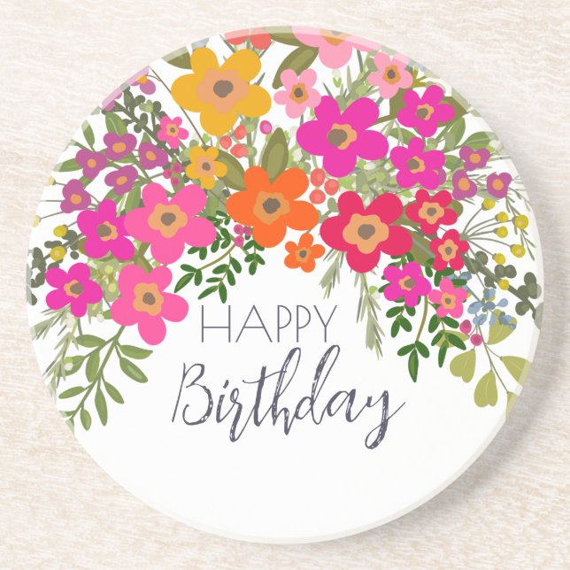 Colourful Summer Garden Flowers Happy Birthday  Coaster (Front)