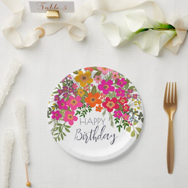 Colourful Summer Garden Flowers Happy Birthday  Paper Plate (Wedding)