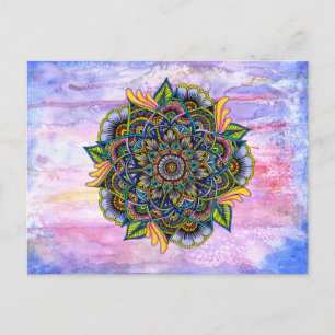 Colourful Summer Mandala w/ Watercolor Backdrop Postcard