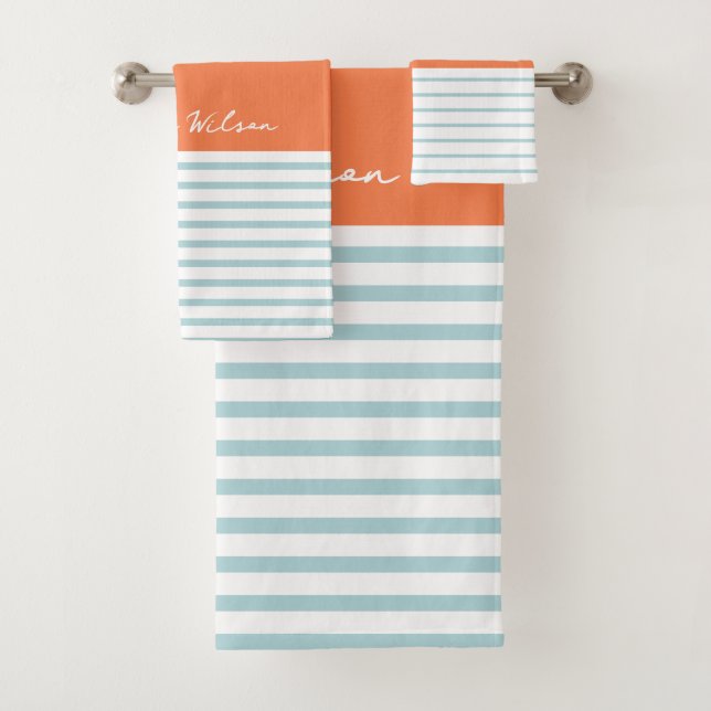 Colourful Summer Stripes Blue Orange Custom Name Bath Towel Set (Insitu)