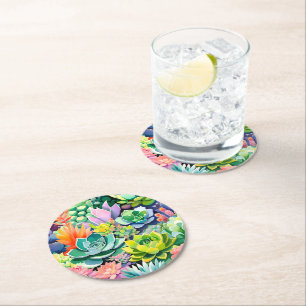 Colourful Summer Succulent Botanical Garden Round Paper Coaster