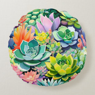 Colourful Summer Succulent Botanical Garden Round Pillow