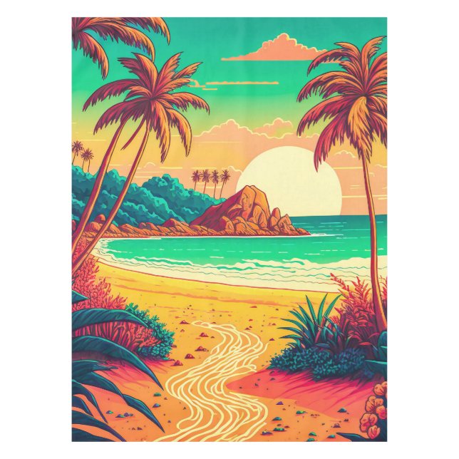 Colourful Summer Tropical Beach Landscape Artwork  Tablecloth (Front)